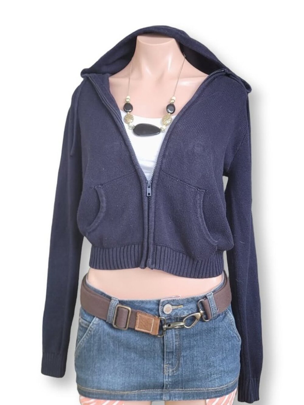 Brandy Melville Navy Cropped Knit Loose Fit Zip Up Hoodie Cotton (OS)